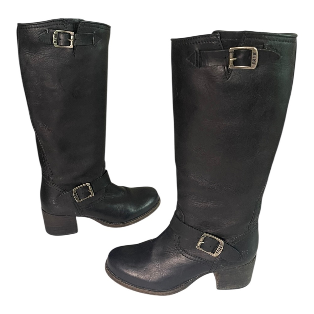 Frye Boots Women’s 7.5 B Black Leather Vera Slouch Tall Boots Buckles Lug Heels